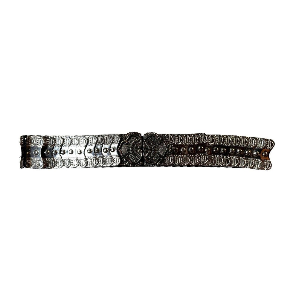 Vintage Stretch Metal Belt Silver Tone Ornate Panel Retro 60s 70s Adjustable